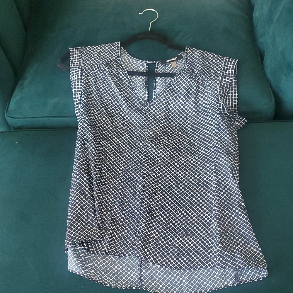Nine West Navy and White Geometric Blouse